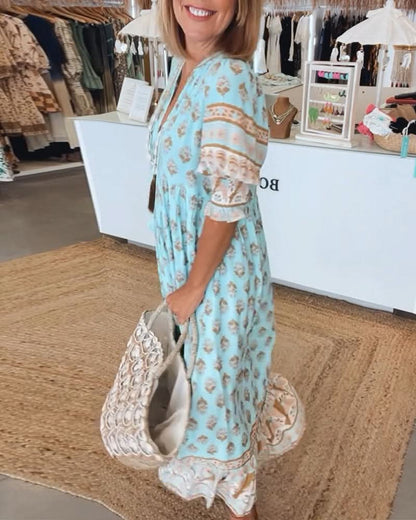 GIULIA | Midi Jurk met V-hals en Elegante Ballonmouwen