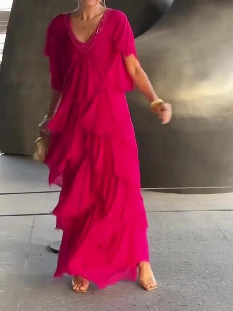 SAVANE | Lange Vloeiende Jurk met Elegante V-Hals