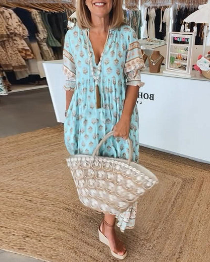 GIULIA | Midi Jurk met V-hals en Elegante Ballonmouwen