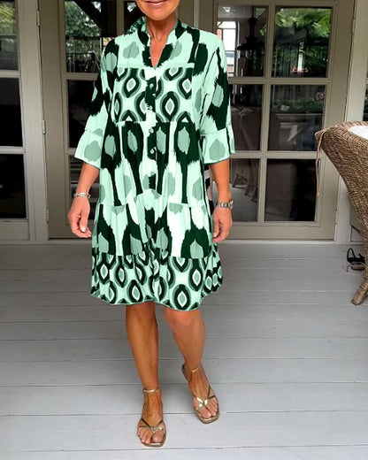 ELVINA | Geprinte Jurk met 3/4 Mouwen en A-Lijn Snit voor een Elegante en Ontspannen Look
