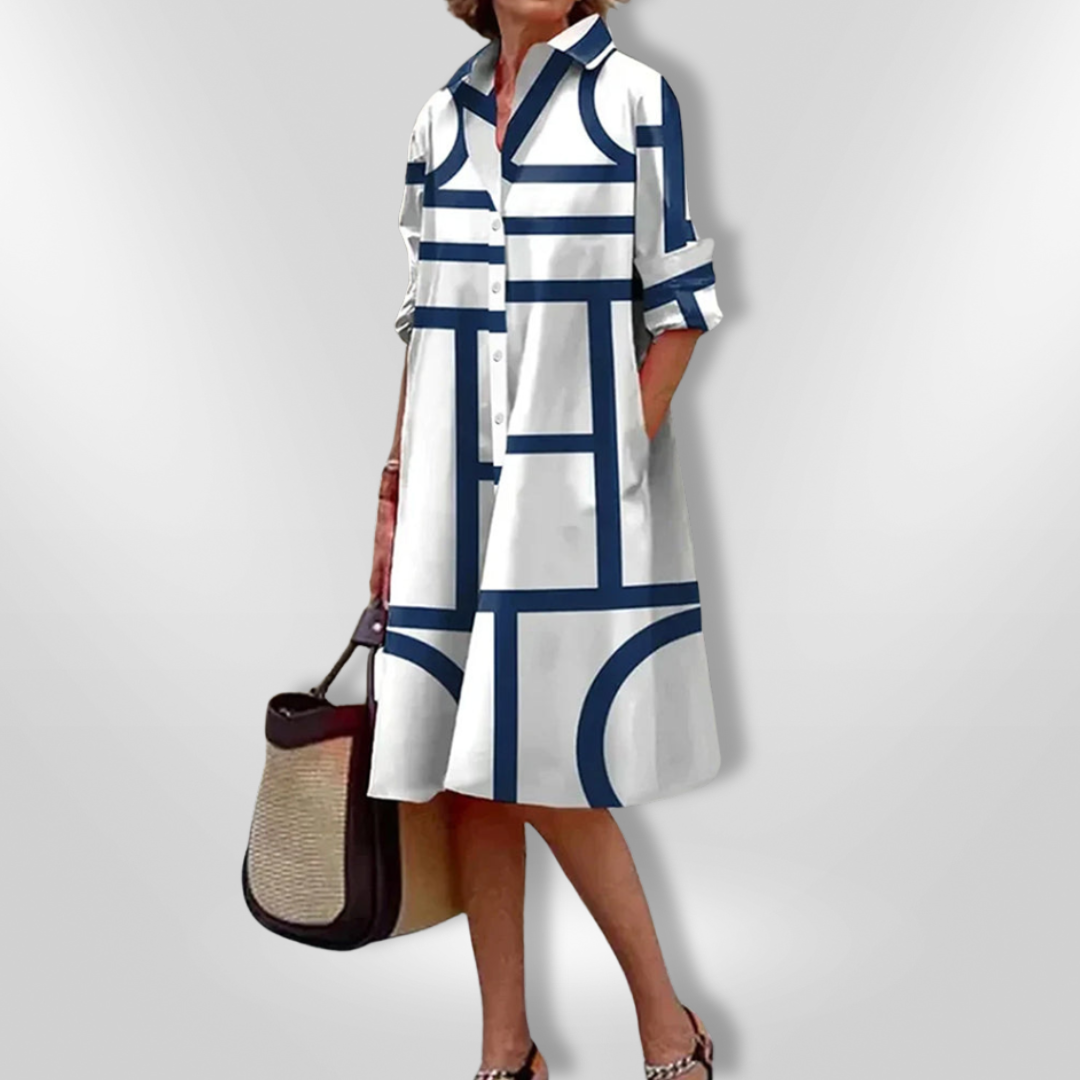 AURORA | Midi Hemdress met Flatterende Snit en Moderne Geometrische Print