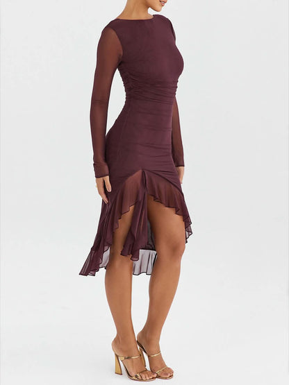Midi-jurk met bordeaux volant