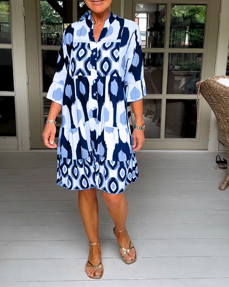 ELVINA | Geprinte Jurk met 3/4 Mouwen en A-Lijn Snit voor een Elegante en Ontspannen Look