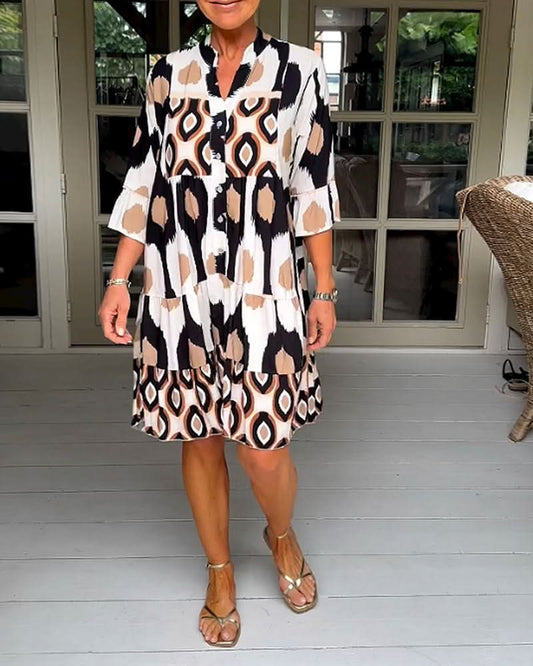 ELVINA | Geprinte Jurk met 3/4 Mouwen en A-Lijn Snit voor een Elegante en Ontspannen Look