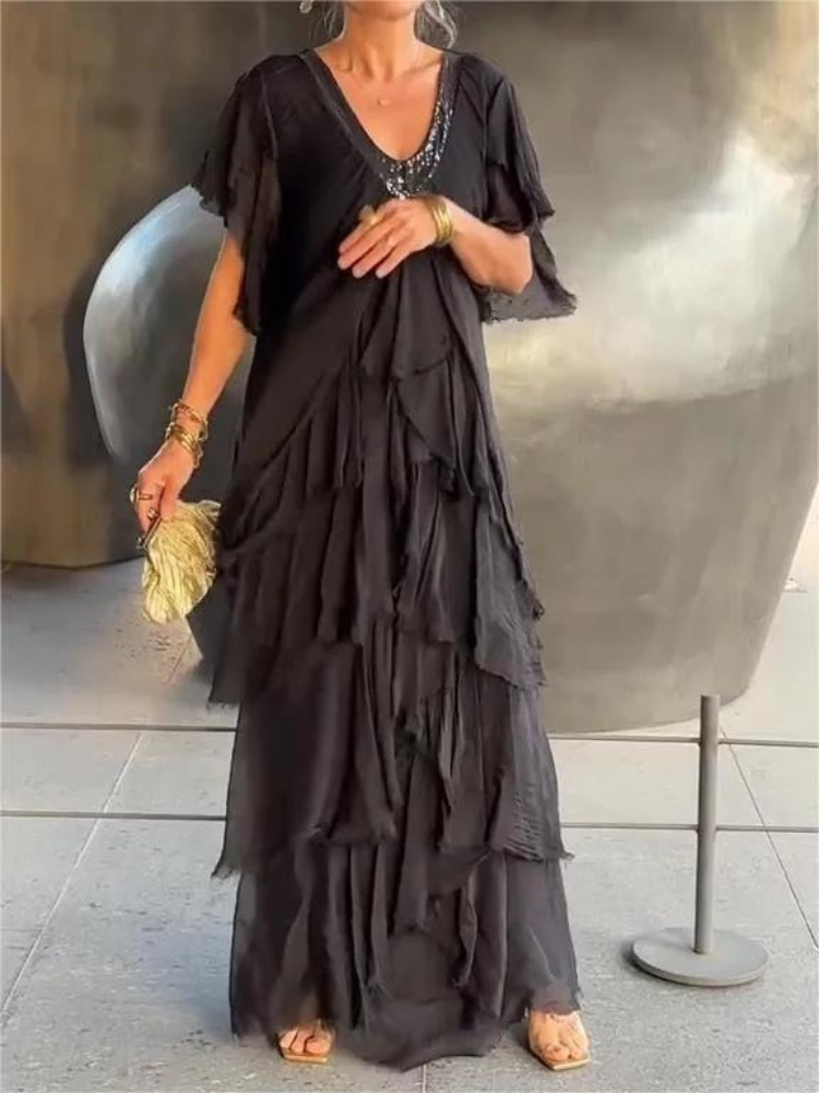 SAVANE | Lange Vloeiende Jurk met Elegante V-Hals