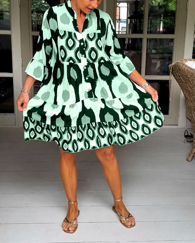 ELVINA | Geprinte Jurk met 3/4 Mouwen en A-Lijn Snit voor een Elegante en Ontspannen Look