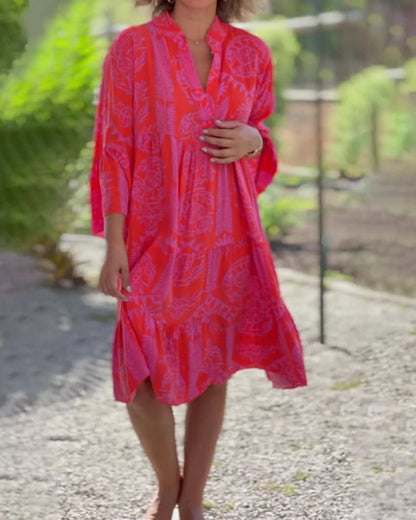 CHIARA | Lange Jurk met Boho Print en 3/4 Mouwen met Klok