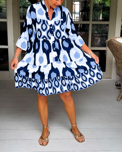 ELVINA | Geprinte Jurk met 3/4 Mouwen en A-Lijn Snit voor een Elegante en Ontspannen Look