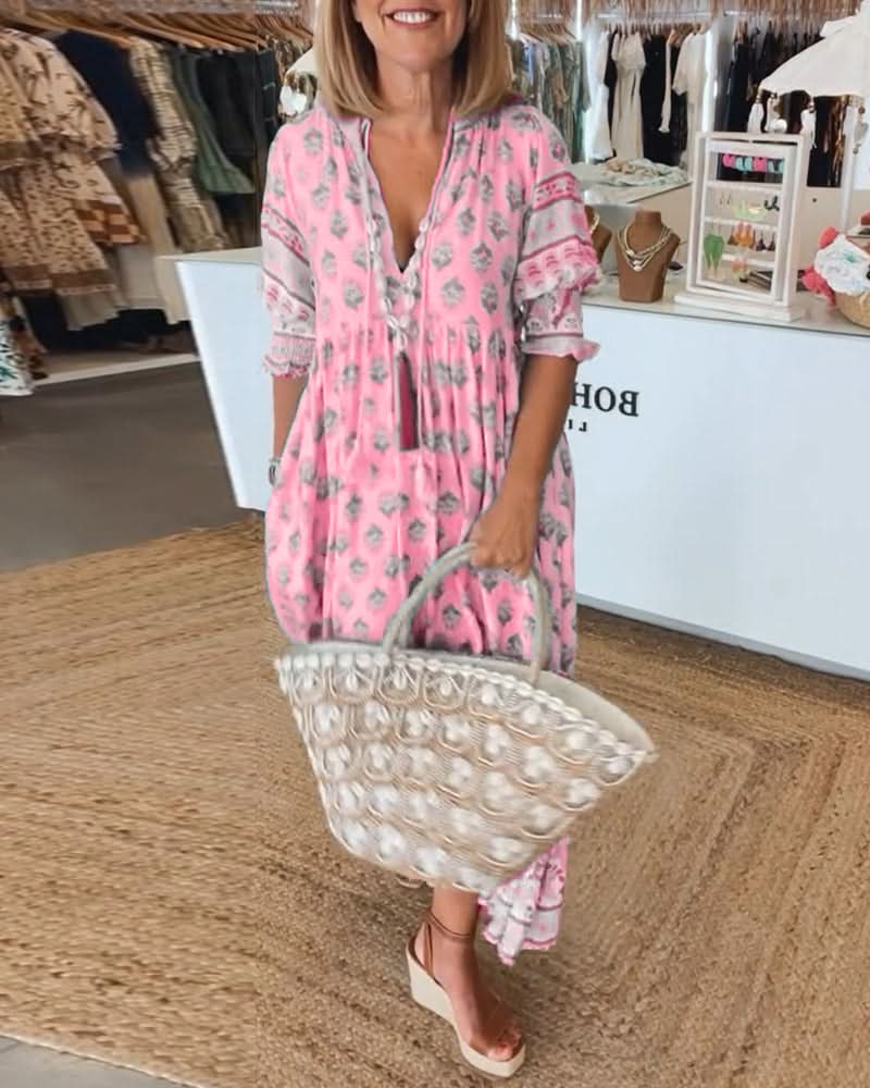 GIULIA | Midi Jurk met V-hals en Elegante Ballonmouwen
