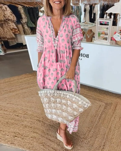GIULIA | Midi Jurk met V-hals en Elegante Ballonmouwen