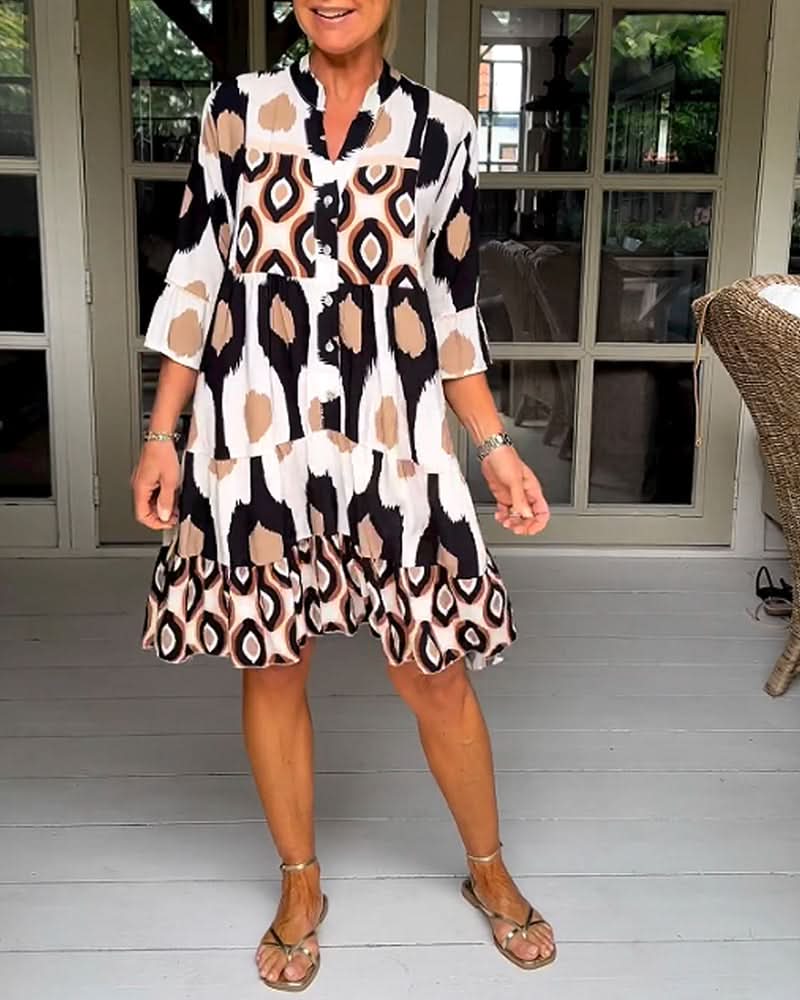 ELVINA | Geprinte Jurk met 3/4 Mouwen en A-Lijn Snit voor een Elegante en Ontspannen Look