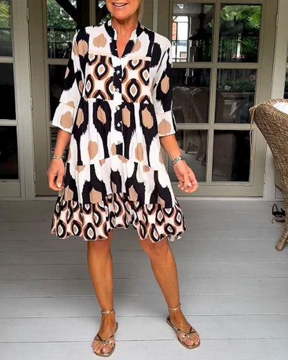 ELVINA | Geprinte Jurk met 3/4 Mouwen en A-Lijn Snit voor een Elegante en Ontspannen Look