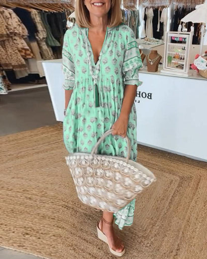 GIULIA | Midi Jurk met V-hals en Elegante Ballonmouwen