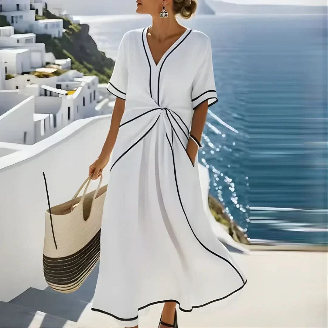 Aurora | V-Hals Maxi Jurk met Gedraaide Taille en Contrasterende Bies