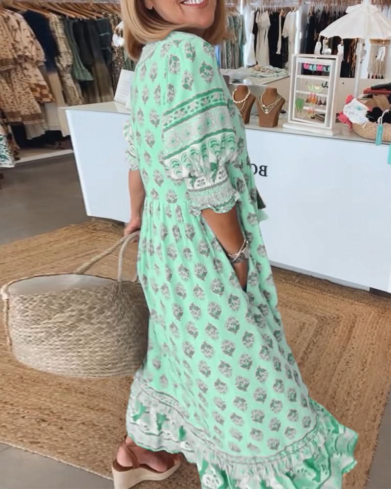 GIULIA | Midi Jurk met V-hals en Elegante Ballonmouwen