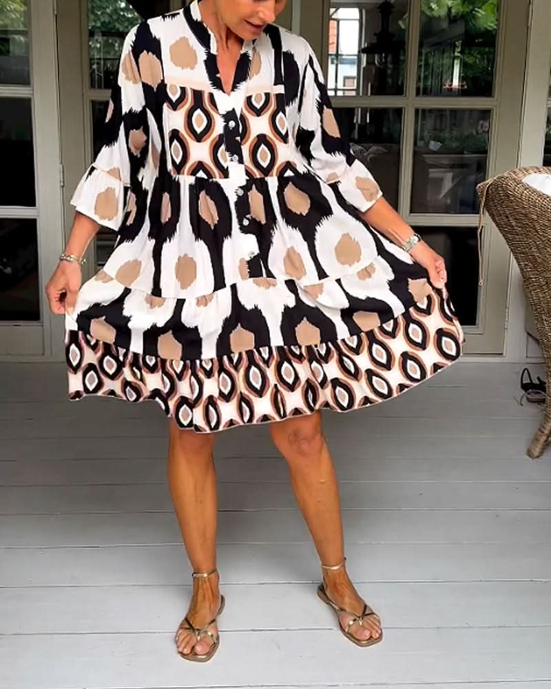 ELVINA | Geprinte Jurk met 3/4 Mouwen en A-Lijn Snit voor een Elegante en Ontspannen Look