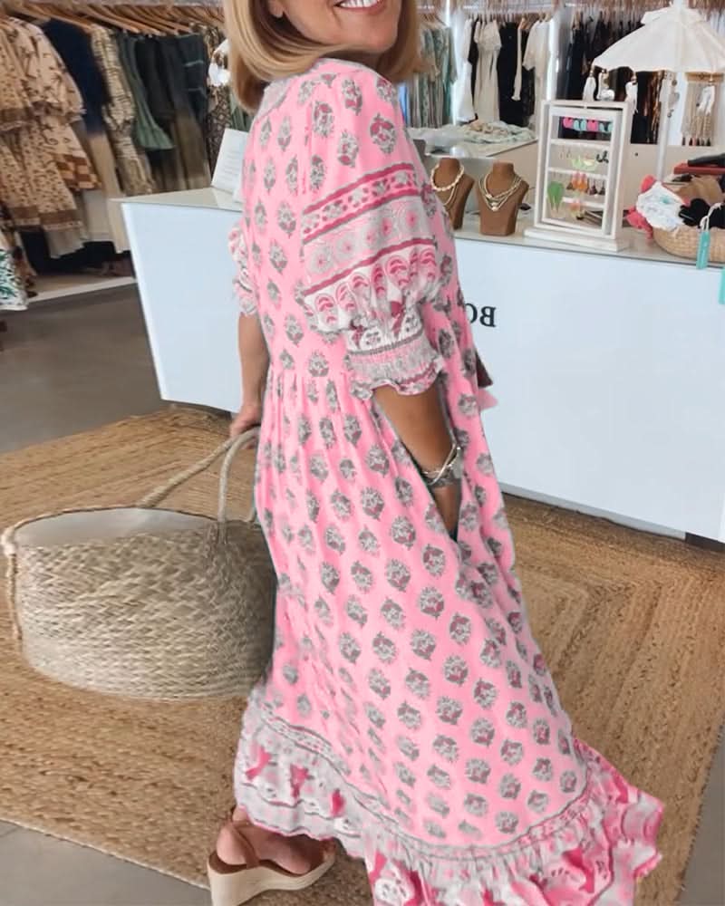 GIULIA | Midi Jurk met V-hals en Elegante Ballonmouwen