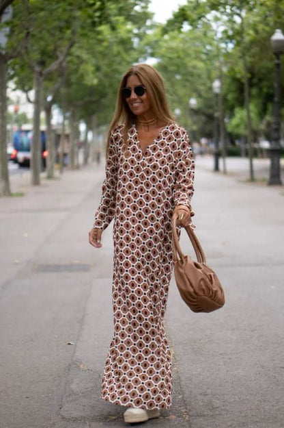 GABRIELLA | Lange Jurk met Geometrische Print en Elegante Snit voor Elke Gelegenheid