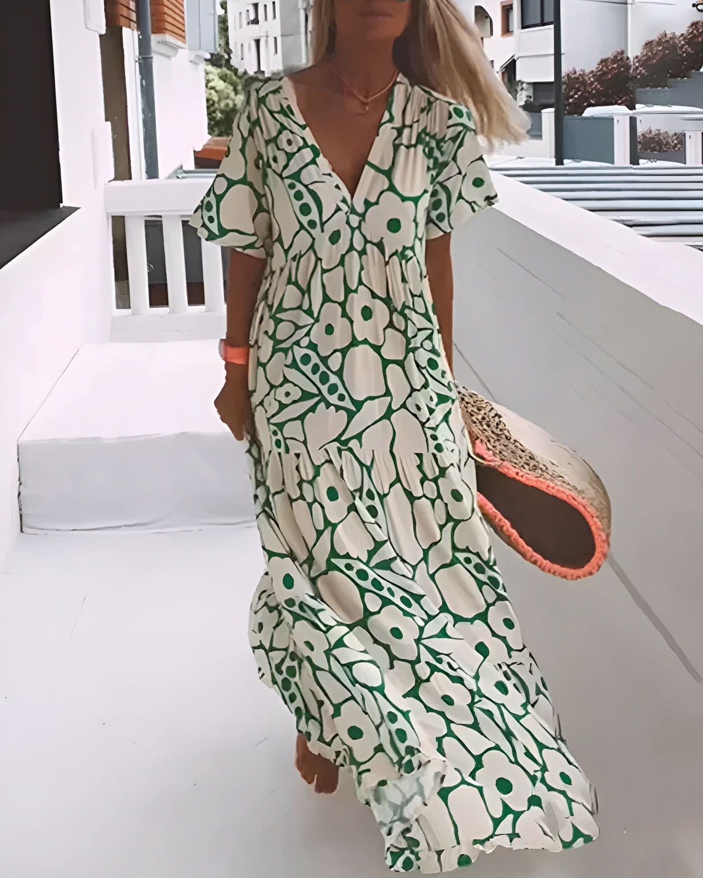 CHRISTINE | Lange Zomerjurk met Vloeiende Snit en Elegante Grafische Motief