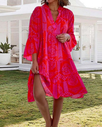 CHIARA | Lange Jurk met Boho Print en 3/4 Mouwen met Klok