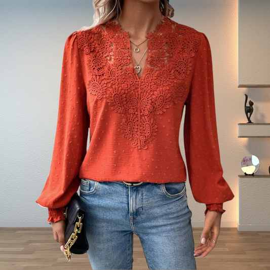 Lillian | Dames V-Hals Lange Mouw Bloemen Detail Blouse Top