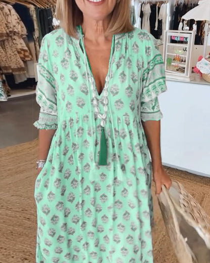 GIULIA | Midi Jurk met V-hals en Elegante Ballonmouwen