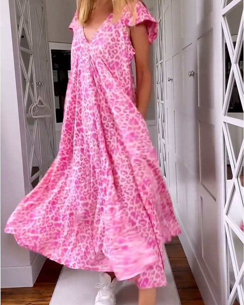 TALIA | Lange Geprinte Jurk met V-hals en Korte Mouwen voor een Boho Zomerse Look