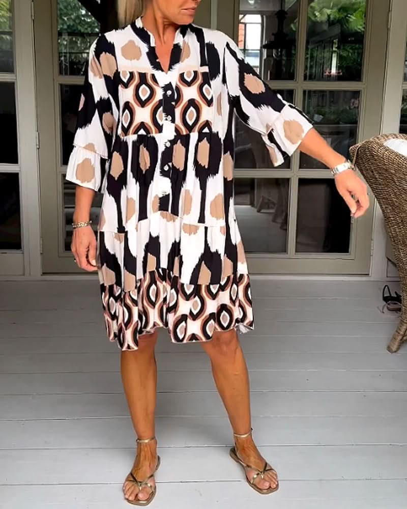 ELVINA | Geprinte Jurk met 3/4 Mouwen en A-Lijn Snit voor een Elegante en Ontspannen Look