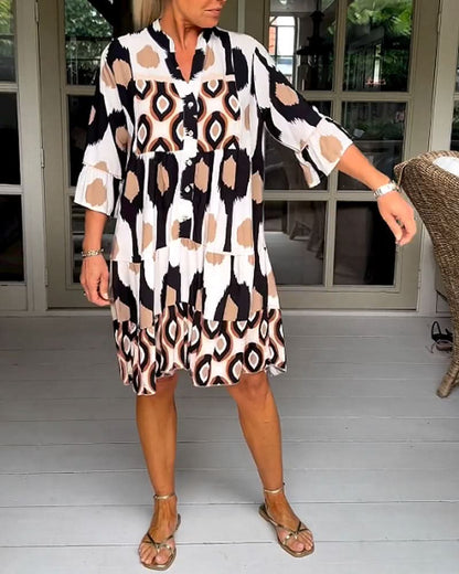 ELVINA | Geprinte Jurk met 3/4 Mouwen en A-Lijn Snit voor een Elegante en Ontspannen Look