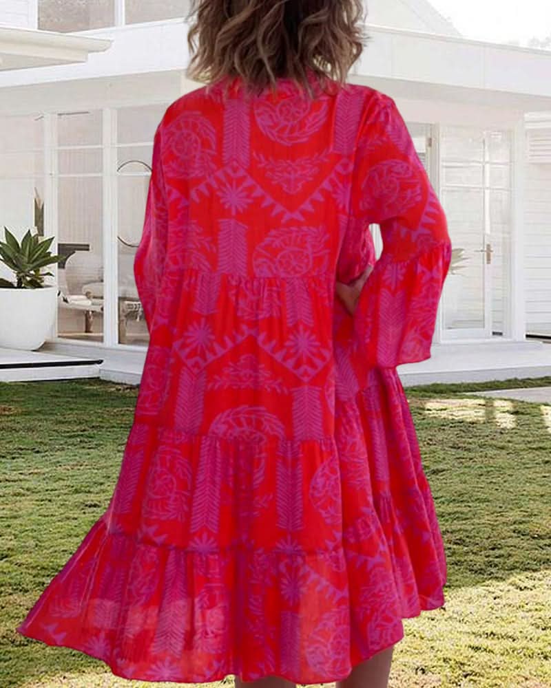 CHIARA | Lange Jurk met Boho Print en 3/4 Mouwen met Klok