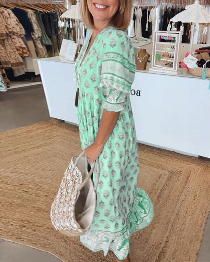 GIULIA | Midi Jurk met V-hals en Elegante Ballonmouwen