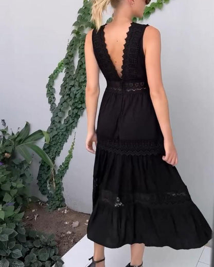 ALYSSA | Mouwloze Midi Jurk met V-hals en Delicate Kantdetails