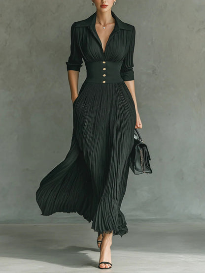 Elvira | Lange geplooide jurk met revers en hoge taille