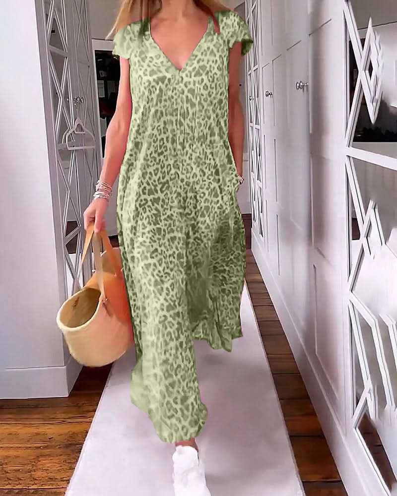 TALIA | Lange Geprinte Jurk met V-hals en Korte Mouwen voor een Boho Zomerse Look