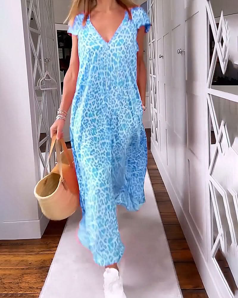 TALIA | Lange Geprinte Jurk met V-hals en Korte Mouwen voor een Boho Zomerse Look