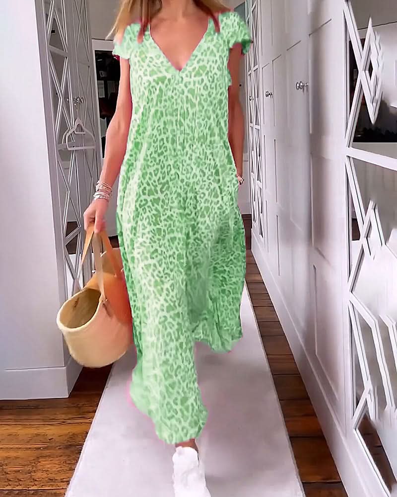 TALIA | Lange Geprinte Jurk met V-hals en Korte Mouwen voor een Boho Zomerse Look