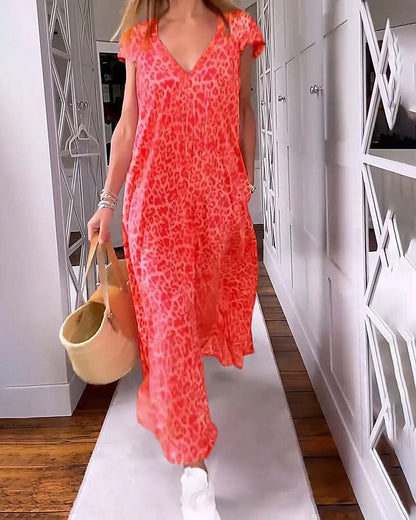 TALIA | Lange Geprinte Jurk met V-hals en Korte Mouwen voor een Boho Zomerse Look