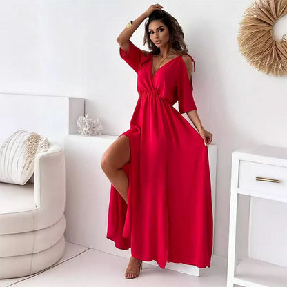 ISABELLA | Elegante Jurk met Zijsplit en V-hals voor een Flatterende en Vrouwelijke Stijl